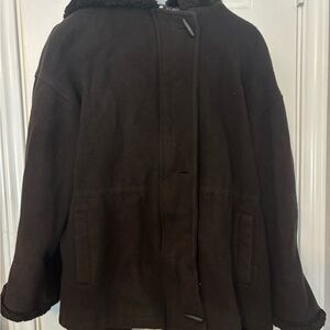Women’s Dark Brown Pea Coat with Faux Shearling Trim